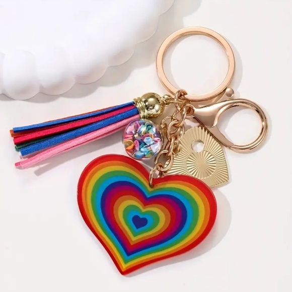 NEW! Rainbow Heart with Faux Leather Tassel Keychain / Purse Charm / Bag Charm! - Picture 2 of 4